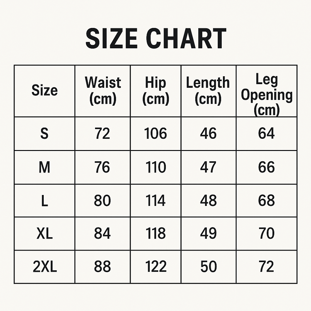 Size chart for clothing with measurements in centimeters
